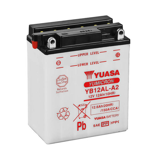Bateria Yuasa YB12AL-A2 12V 12.6Ah 150A CCA — bateria moto chumbo-ácido terminal positivo à direita