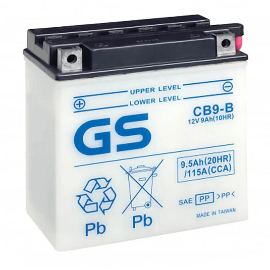 Bateria GS Yuasa CB9-B 12V 9Ah — 115A CCA, convencional com adição de ácido