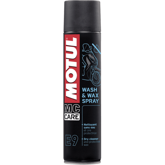 Motul E9 Wash & Wax Spray 400 ml, limpa e encera para moto em embalagem preta de aerossol