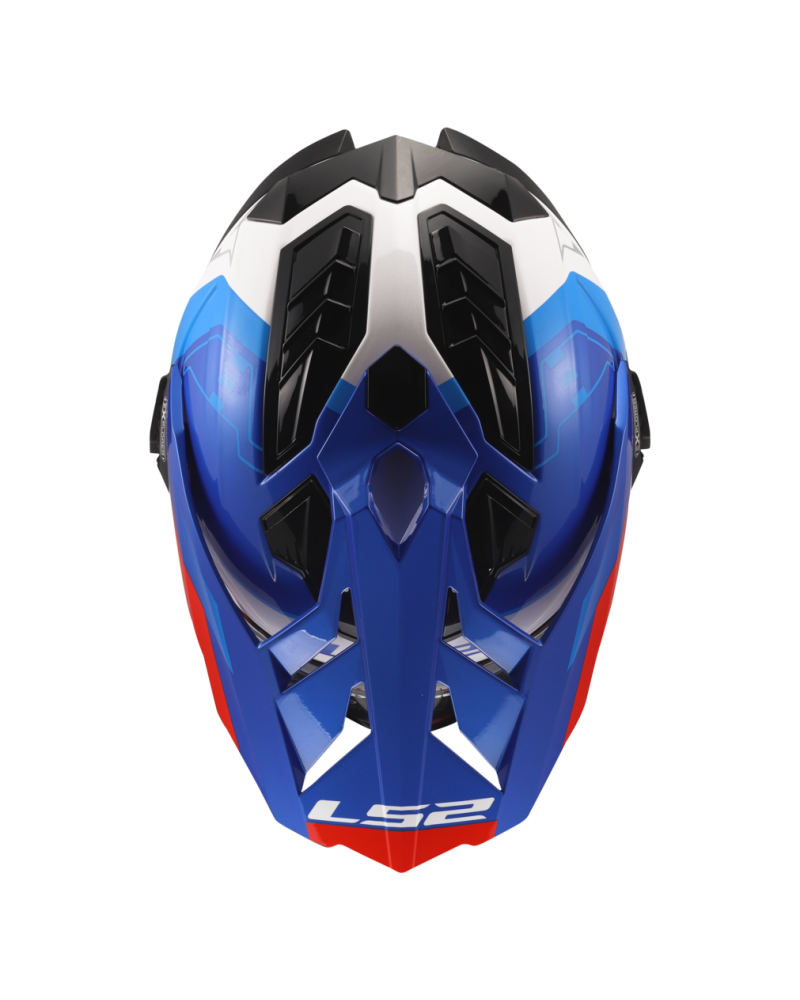 Load image into Gallery viewer, Capacete enduro LS2 MX701 Explorer Hexa Branco Azul Vermelho – vista lateral esquerda
