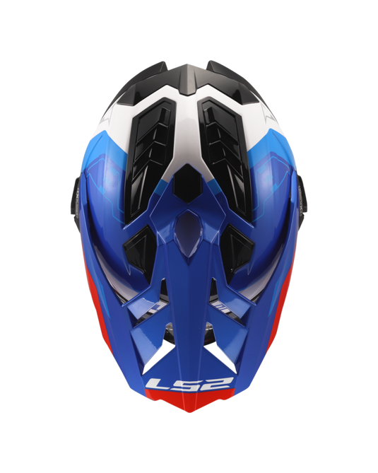 Capacete enduro LS2 MX701 Explorer Hexa Branco Azul Vermelho – vista lateral esquerda