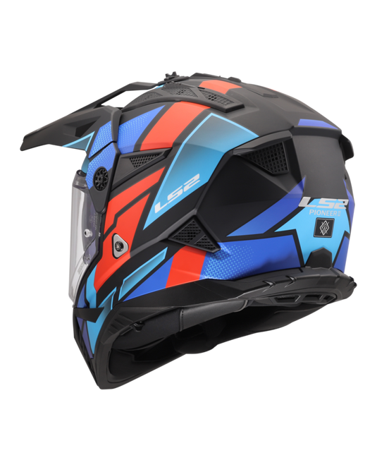 Fecho duplo D – capacete motocross LS2 MX702 Pioneer II Block Preto Vermelho Azul