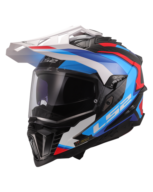 Capacete enduro LS2 MX701 Explorer C Frontier II Branco Azul – vista frontal – ECE 22.06