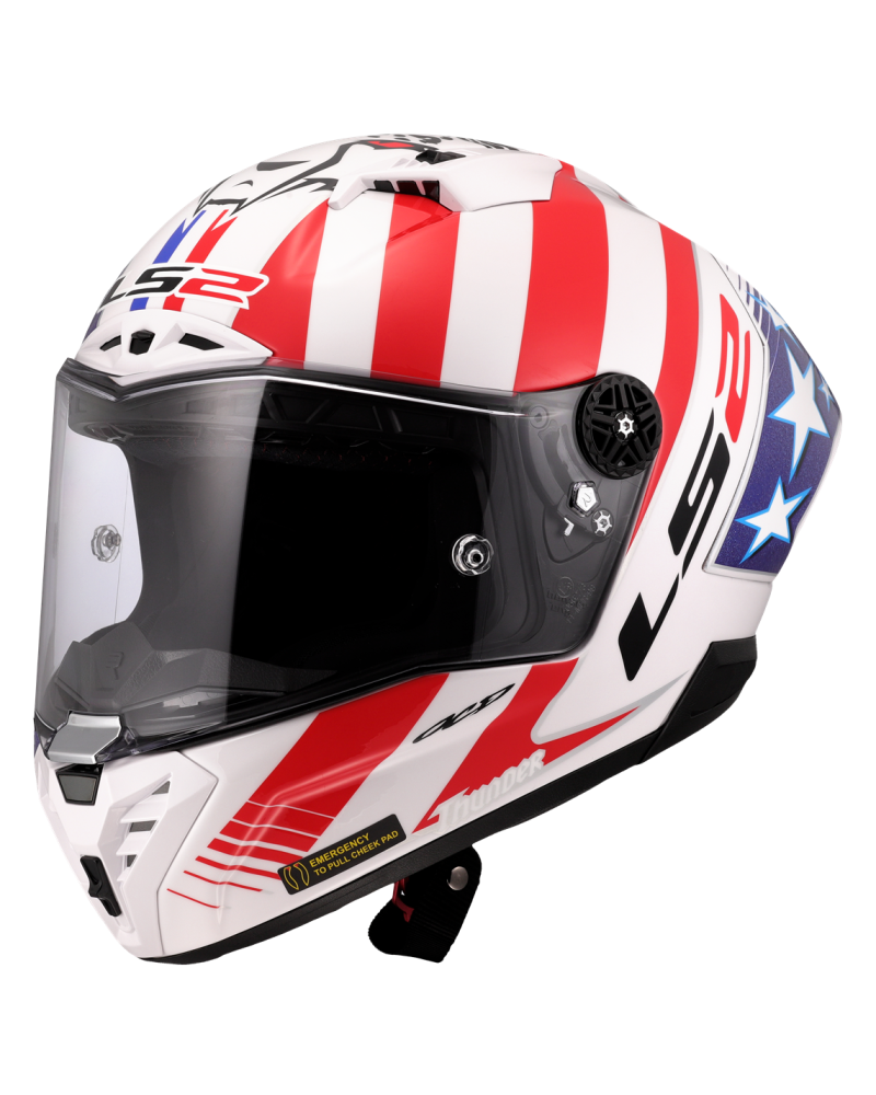 Load image into Gallery viewer, Capacete integral LS2 FF805 Thunder C GP Baz Replica Branco Vermelho Azul – frontal – ECE 22.06
