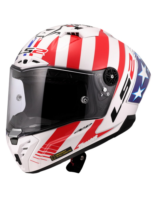 Capacete integral LS2 FF805 Thunder C GP Baz Replica Branco Vermelho Azul – frontal – ECE 22.06