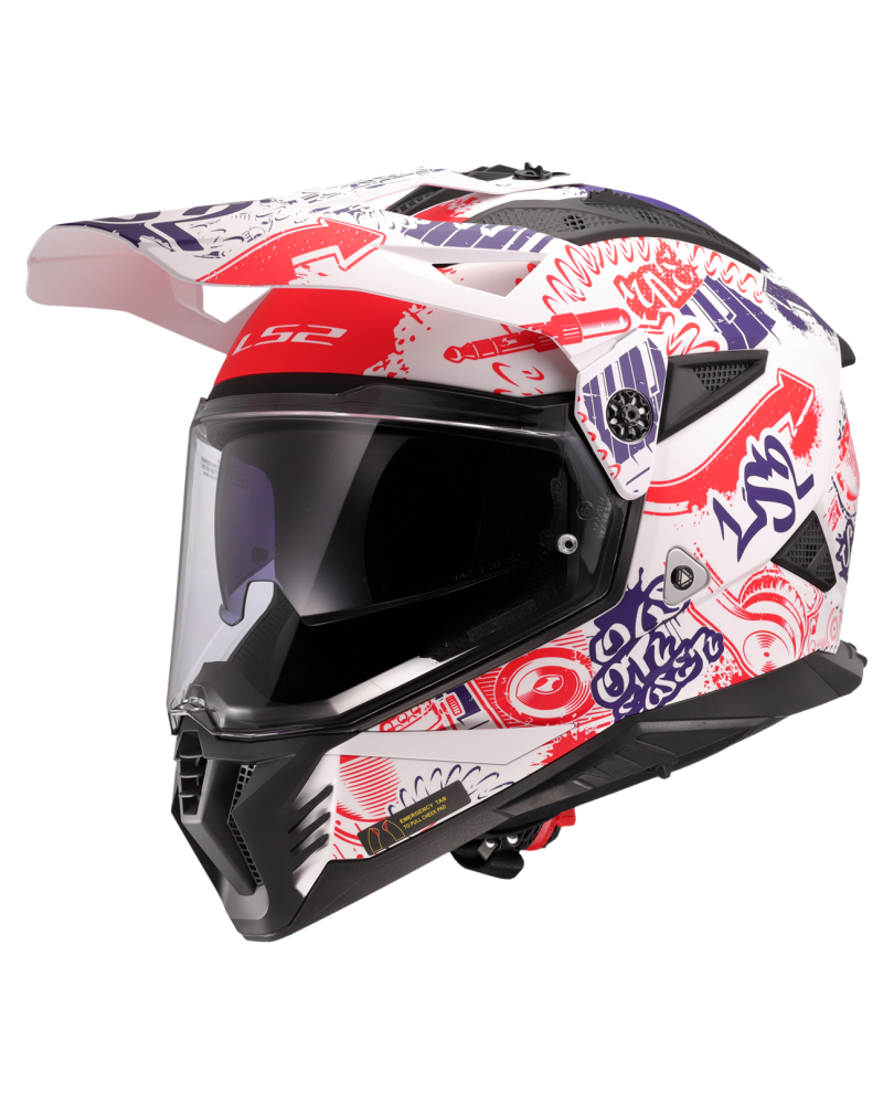 Load image into Gallery viewer, Capacete motocross LS2 MX702 Pioneer II Fantasy Branco Mate Vermelho Azul – frontal – ECE 22.06
