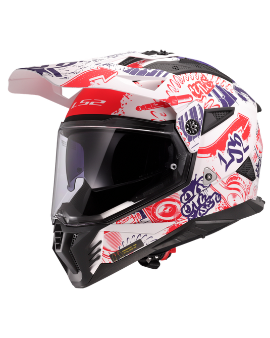 Capacete motocross LS2 MX702 Pioneer II Fantasy Branco Mate Vermelho Azul – frontal – ECE 22.06