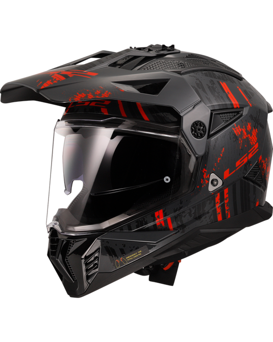 Capacete motocross LS2 MX702 Pioneer II Crazy Preto Brilho Cinza Vermelho – vista frontal