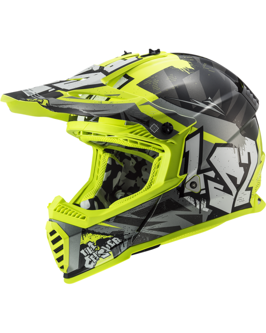 Capacete motocross infantil LS2 MX437 Fast Evo II Mini Crusher Preto Amarelo – frontal – ECE 22.06