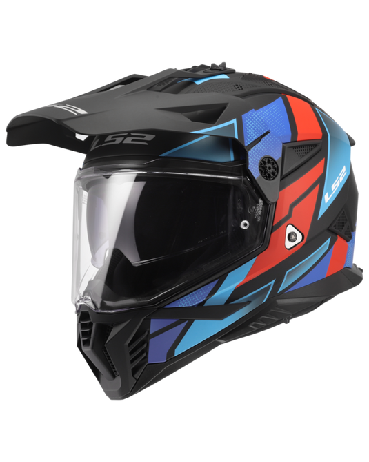 Capacete motocross LS2 MX702 Pioneer II Block Preto Vermelho Azul – vista frontal – ECE 22.06