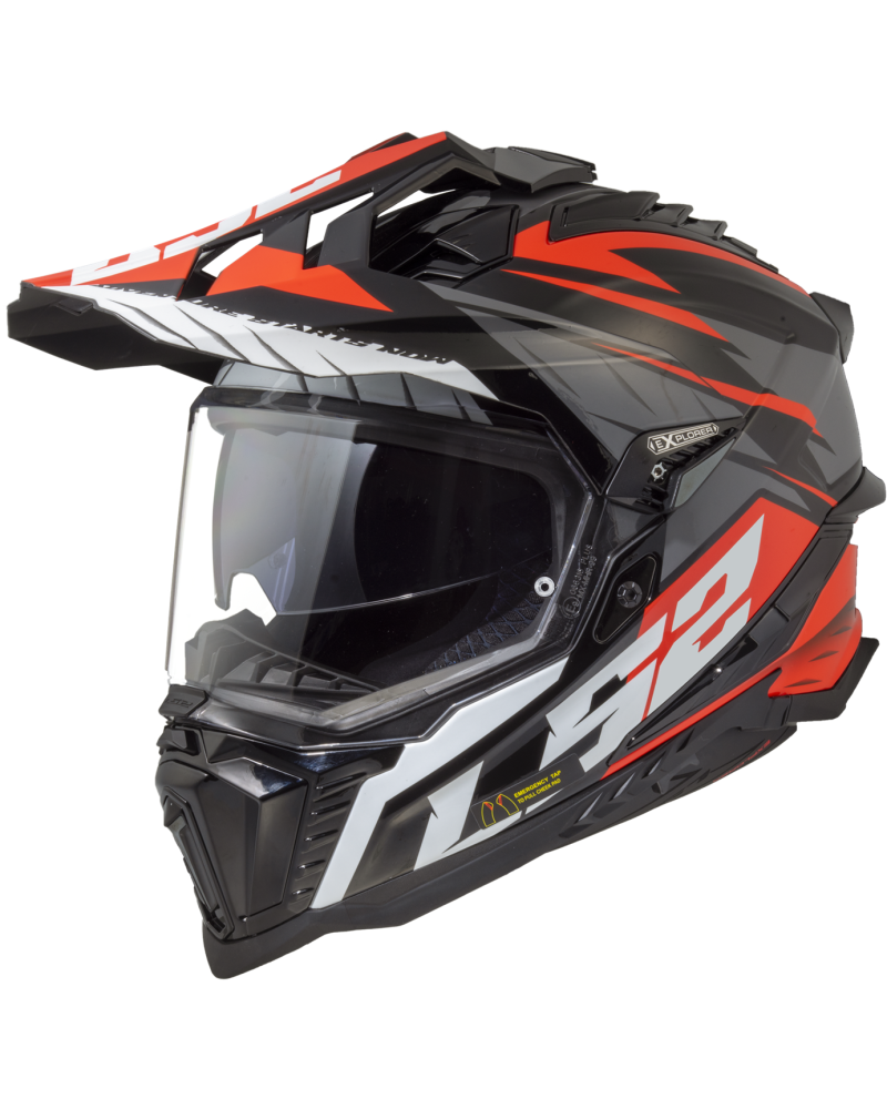 Load image into Gallery viewer, Capacete enduro LS2 MX701 Explorer Spire Preto Brilho Titânio Vermelho – vista frontal – ECE 22.06

