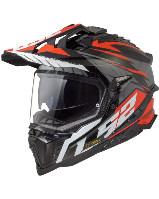 Capacete enduro LS2 MX701 Explorer Spire Preto Brilho Titânio Vermelho – vista frontal – ECE 22.06
