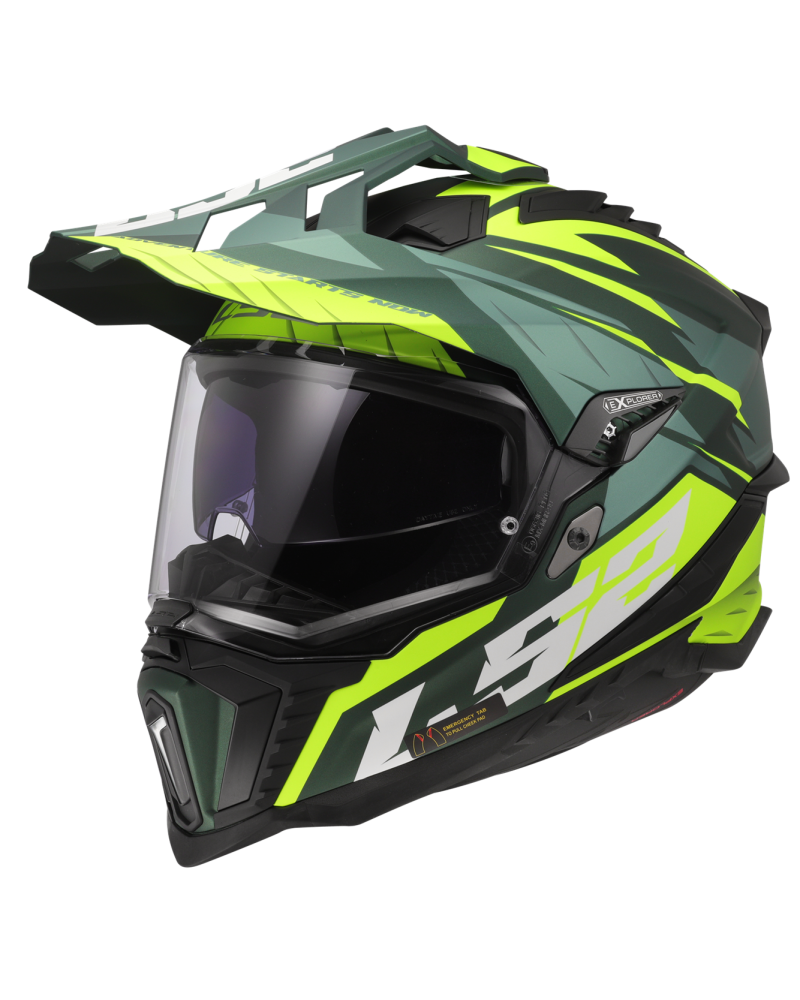 Load image into Gallery viewer, Capacete enduro LS2 MX701 Explorer Spire Verde Mate Amarelo Hi-Vision – vista frontal – ECE 22.06
