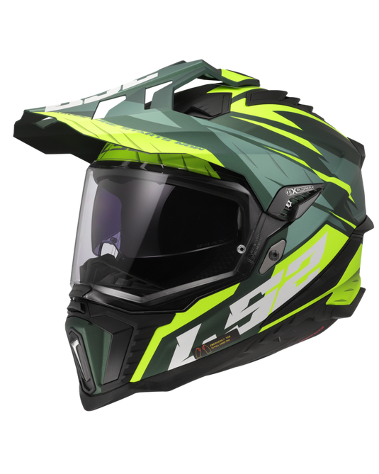 Capacete enduro LS2 MX701 Explorer Spire Verde Mate Amarelo Hi-Vision – vista frontal – ECE 22.06