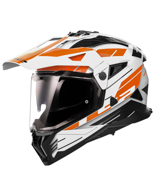 Capacete motocross LS2 MX702 Pioneer II Namib Branco Laranja – vista frontal – ECE 22.06