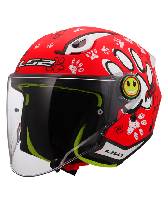 Capacete jet infantil LS2 OF622 Funny II Paws Vermelho – vista frontal – ECE 22.06