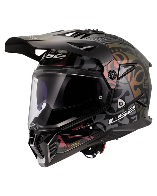 Capacete motocross LS2 MX702 Pioneer II Rangi Preto Camaleão – vista frontal – ECE 22.06