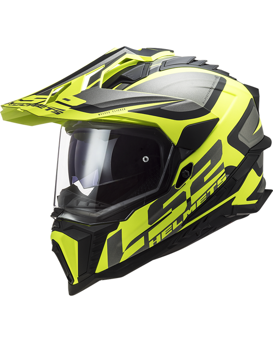 Capacete enduro LS2 MX701 Explorer Alter Preto Mate Amarelo Hi-Vision – vista frontal – ECE 22.06
