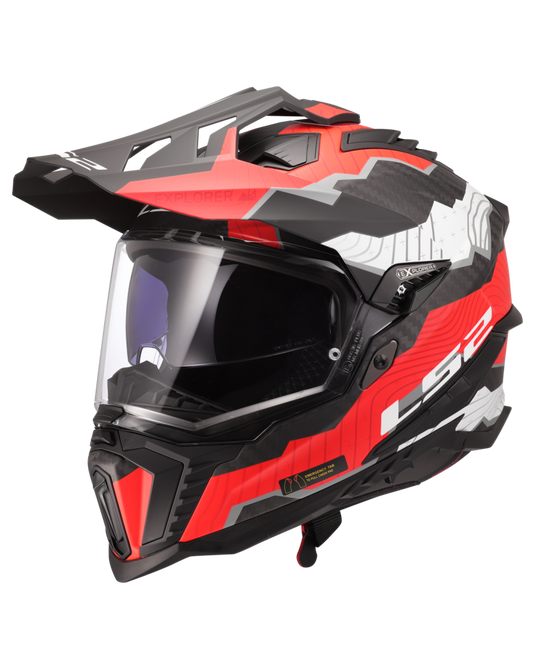 Capacete enduro LS2 MX701 Explorer C Trick Carbono Branco Vermelho – vista frontal – ECE 22.06