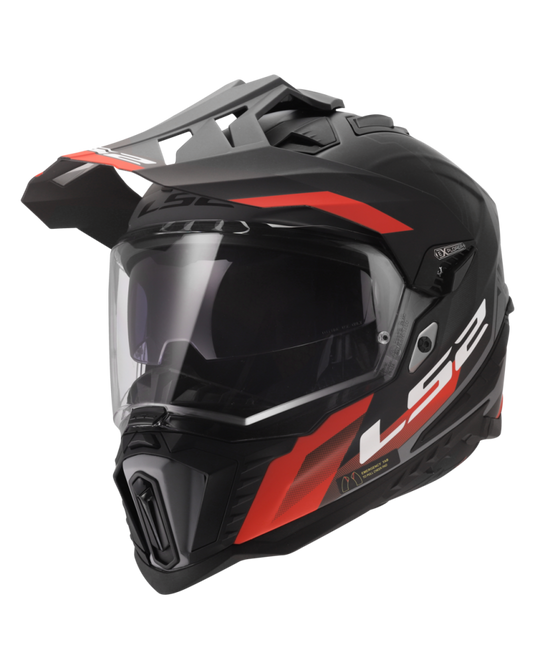 Capacete enduro LS2 MX701 Explorer Hexa Preto Vermelho Cinza – vista frontal – ECE 22.06