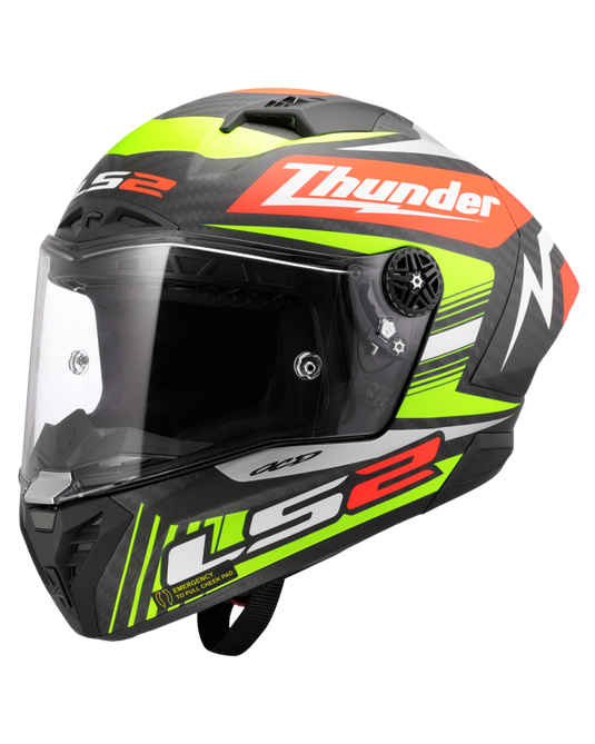 Capacete integral LS2 FF805 Thunder C GP Black Replica Preto Amarelo Vermelho – frontal – ECE 22.06