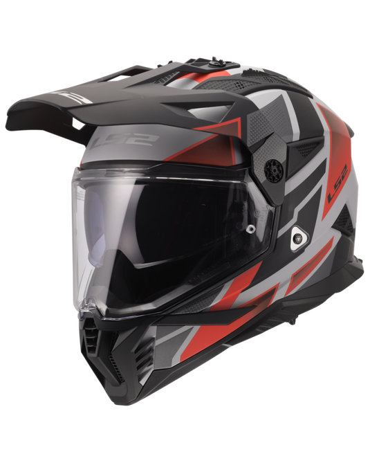 Capacete motocross LS2 MX702 Pioneer II Block Cinza Vermelho – vista lateral esquerda