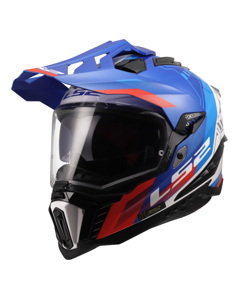 Load image into Gallery viewer, Capacete enduro LS2 MX701 Explorer Hexa Branco Azul Vermelho – vista frontal – ECE 22.06
