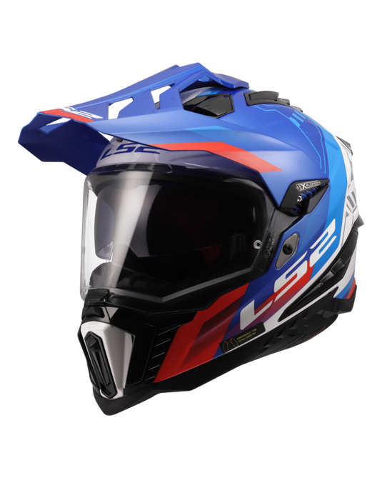 Capacete enduro LS2 MX701 Explorer Hexa Branco Azul Vermelho – vista frontal – ECE 22.06