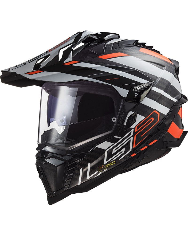Load image into Gallery viewer, Capacete enduro LS2 MX701 Explorer C Edge Carbono Preto Laranja Branco – vista frontal – ECE 22.06
