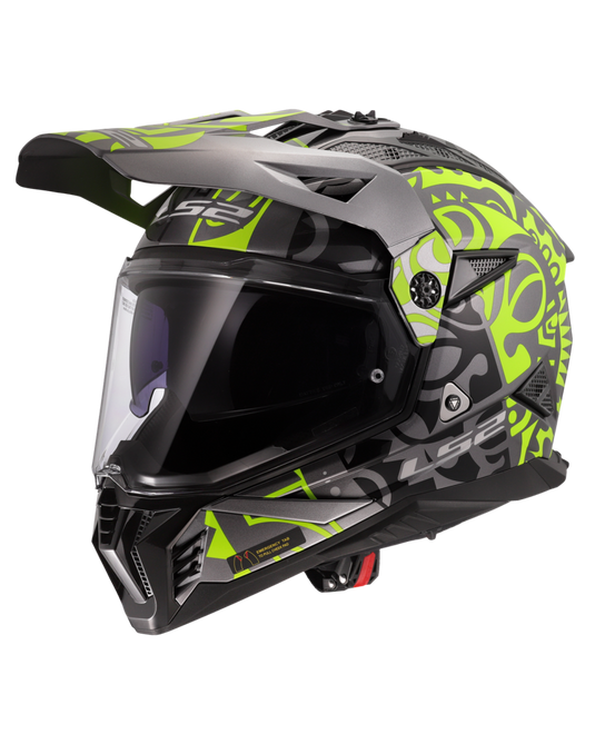 Capacete motocross LS2 MX702 Pioneer II Rangi Amarelo Hi-Vision Cinza – vista frontal – ECE 22.06