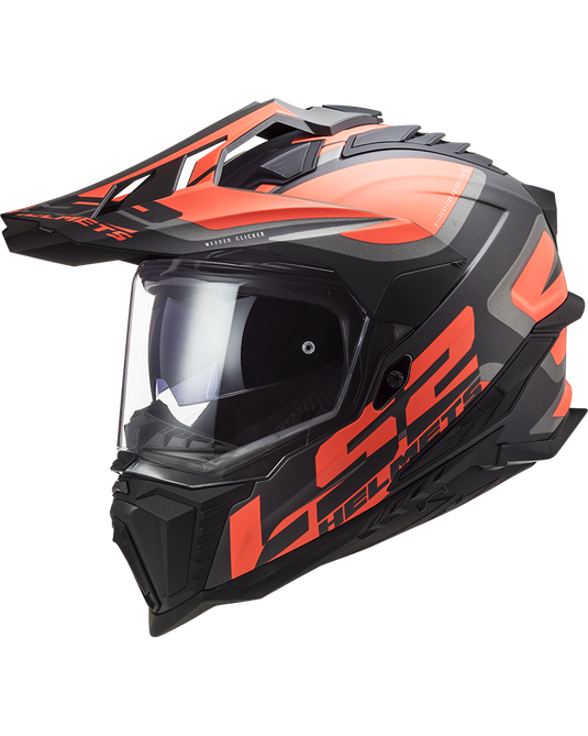 Capacete enduro LS2 MX701 Explorer Alter Preto Mate Laranja Fluo – vista frontal – ECE 22.06