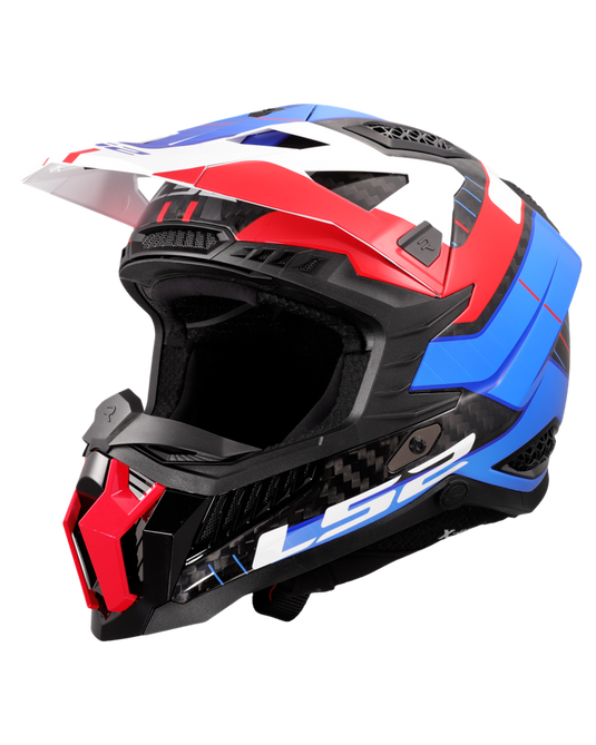 Capacete motocross LS2 MX703 X-Force C Galuo Branco Vermelho Azul – vista frontal