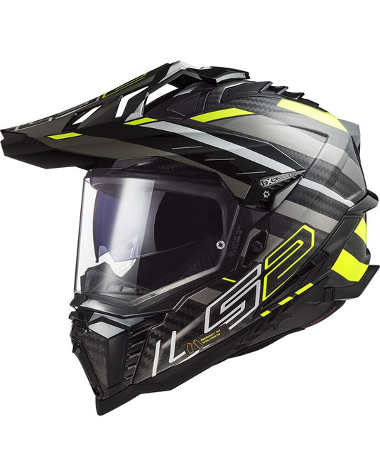 Capacete enduro LS2 MX701 Explorer C Edge Carbono Preto Amarelo Hi-Vision Titânio – vista frontal – ECE 22.06