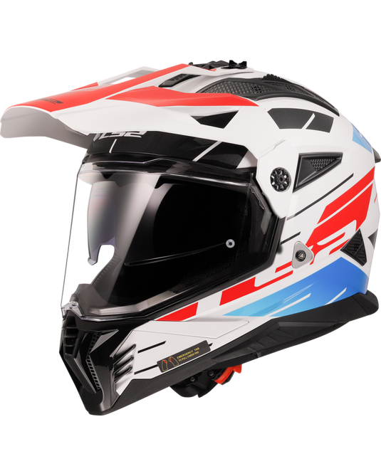 Capacete motocross LS2 MX702 Pioneer II Namib Branco Azul Vermelho – vista frontal – ECE 22.06