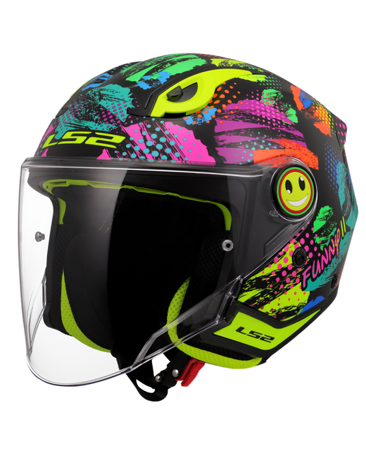 Capacete jet infantil LS2 OF622 Funny II Joy Preto Brilho – vista frontal – ECE 22.06