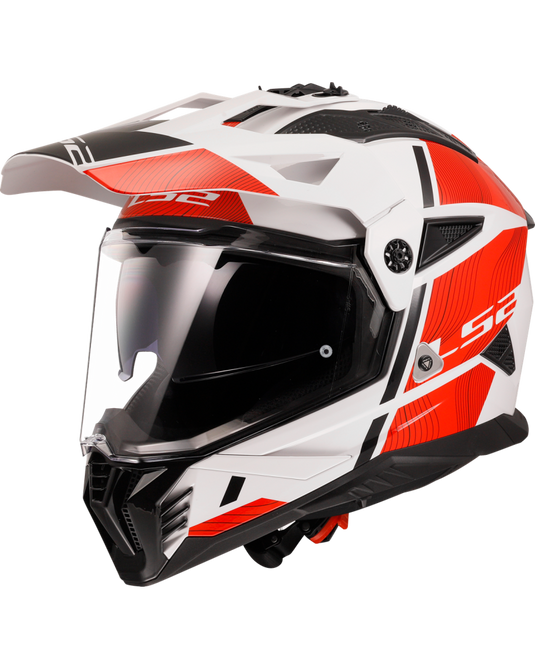 Capacete motocross LS2 MX702 Pioneer II Hill Branco Brilho Vermelho – vista frontal – ECE 22.06