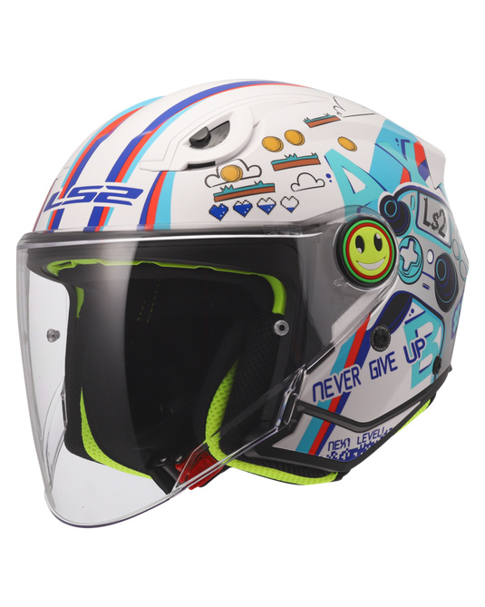 Capacete jet infantil LS2 OF622 Funny II Next Level Branco Brilho – frontal – ECE 22.06