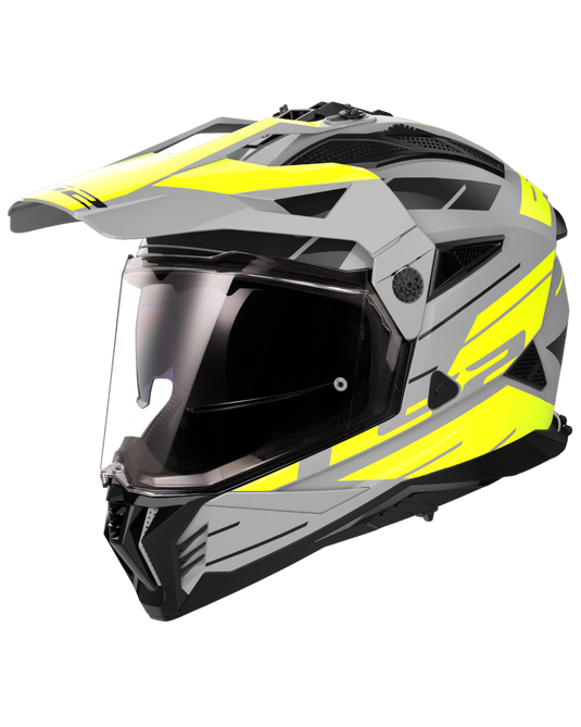 Capacete motocross LS2 MX702 Pioneer II Namib Cinza Mate Amarelo Hi-Vision – vista frontal – ECE 22.06