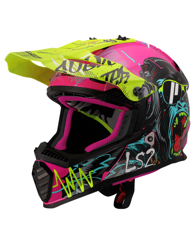 Load image into Gallery viewer, Capacete motocross infantil LS2 MX437 Fast Evo II Mini Gorilla Púrpura Amarelo – frontal – ECE 22.06
