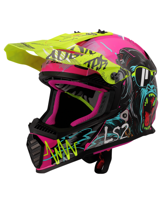 Capacete motocross infantil LS2 MX437 Fast Evo II Mini Gorilla Púrpura Amarelo – frontal – ECE 22.06