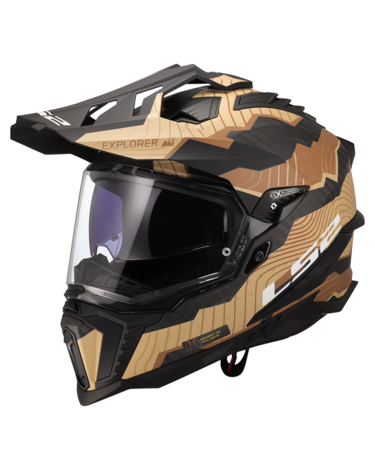 Capacete enduro LS2 MX701 Explorer C Trick Carbono Castanho Mate Areia – vista frontal – ECE 22.06