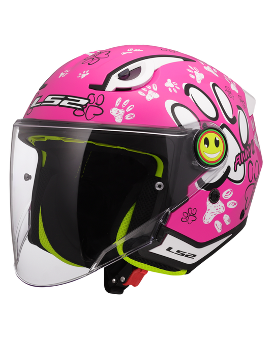 Capacete jet infantil LS2 OF622 Funny II Paws Rosa – vista frontal – ECE 22.06