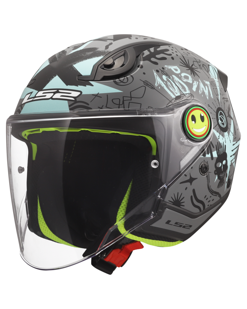 Load image into Gallery viewer, Capacete jet infantil LS2 OF622 Funny II Scribble Cinza Azul – vista frontal – ECE 22.06
