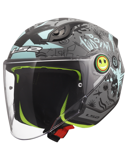 Capacete jet infantil LS2 OF622 Funny II Scribble Cinza Azul – vista frontal – ECE 22.06