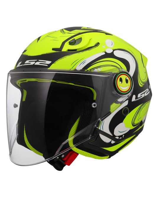 Capacete jet infantil LS2 OF622 Funny II Glup Amarelo Hi-Vision – vista frontal – ECE 22.06