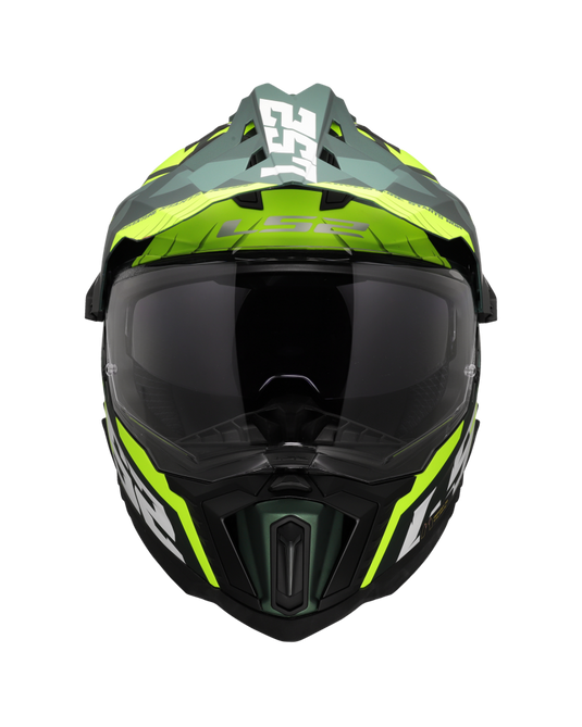 Capacete enduro LS2 MX701 Explorer Spire Verde Mate Amarelo Hi-Vision – vista lateral esquerda
