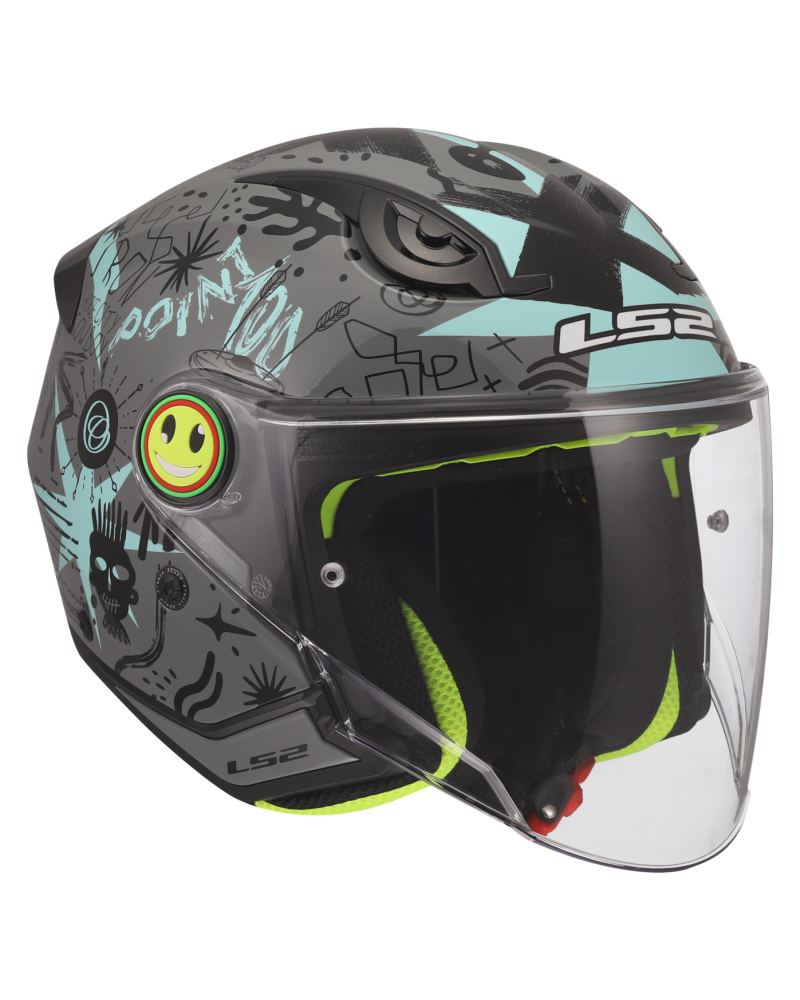 Load image into Gallery viewer, Capacete jet infantil LS2 OF622 Funny II Scribble Cinza Azul – vista lateral esquerda
