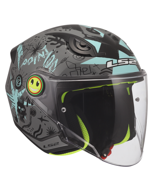 Capacete jet infantil LS2 OF622 Funny II Scribble Cinza Azul – vista lateral esquerda