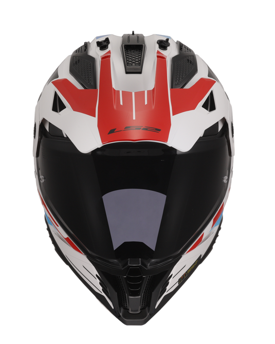Capacete motocross LS2 MX702 Pioneer II Namib Branco Azul Vermelho – vista lateral esquerda