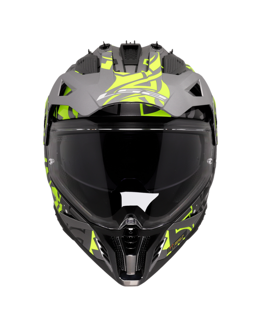 Capacete motocross LS2 MX702 Pioneer II Rangi Amarelo Hi-Vision Cinza – vista lateral esquerda